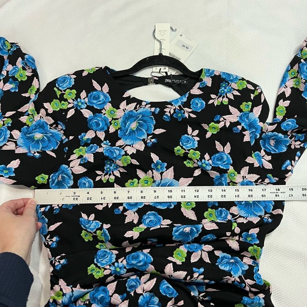 Zara Black Blue Floral Open Back Long Sleeve Dress Womens XL NWT - Picture 7 of 13